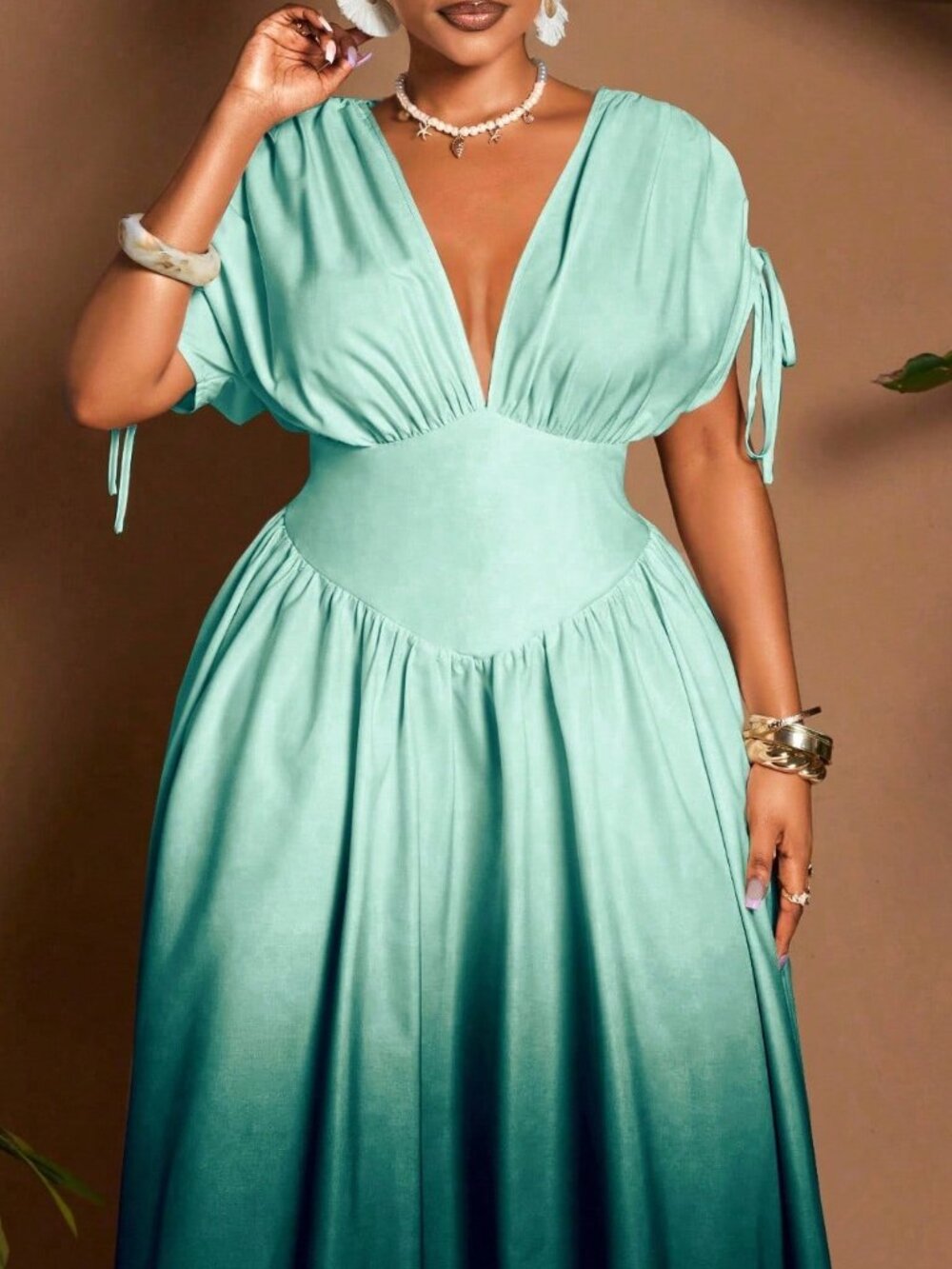 Multicolor Casual Women's Ombre V-Neck A-Line Maxi Dress - Picture 4 of 7